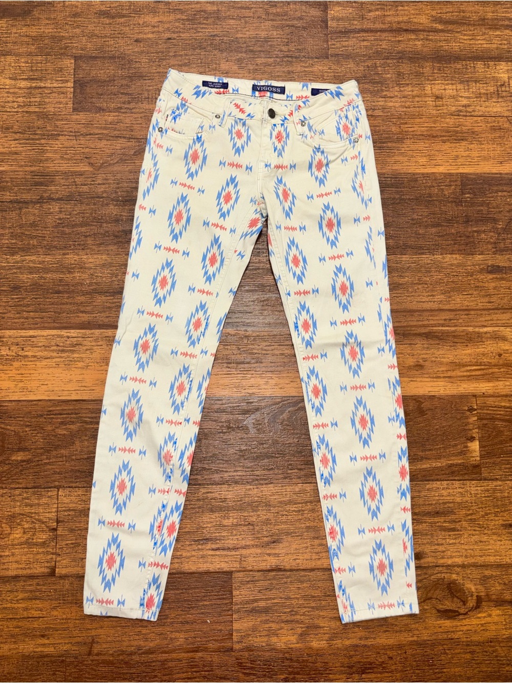 Vigoss Cream Skinny Jeans with Blue & Coral Aztec Print